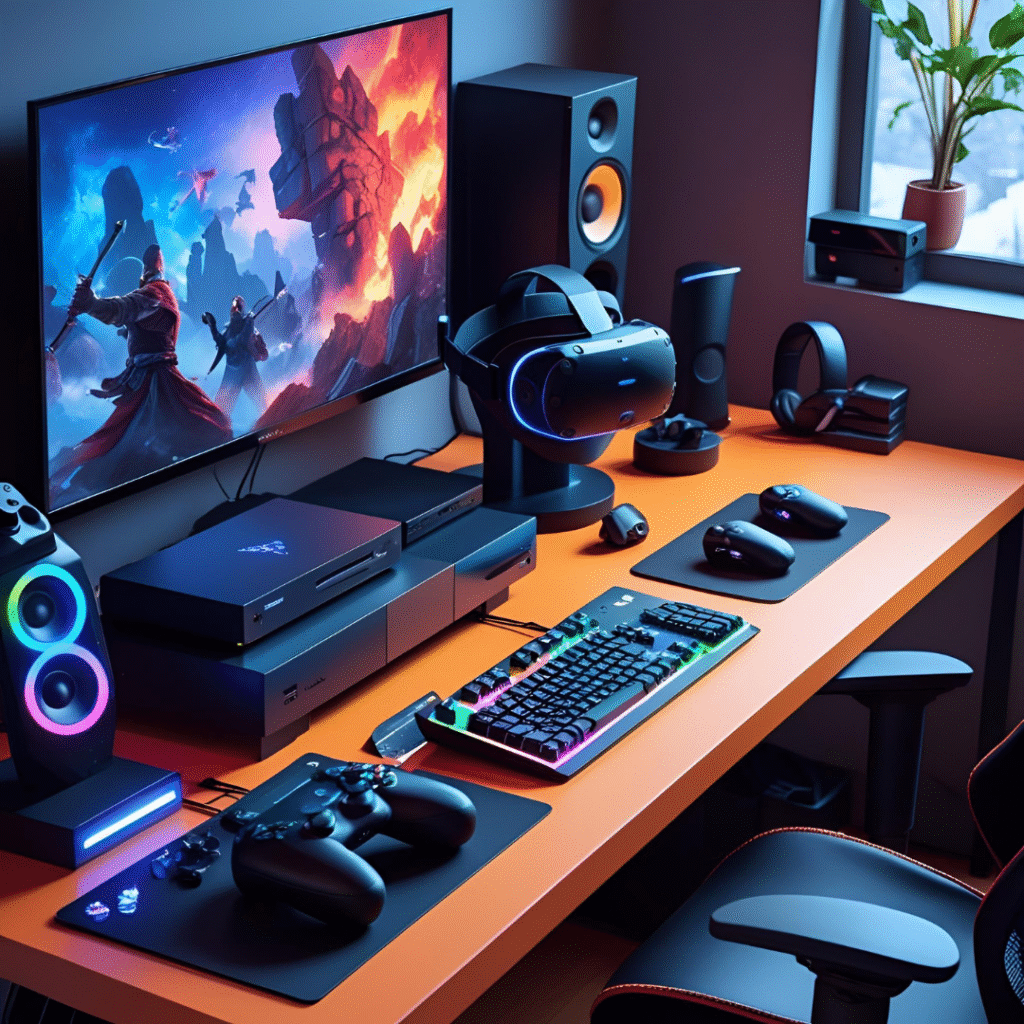 Gaming accessories and streaming devices in a modern setup