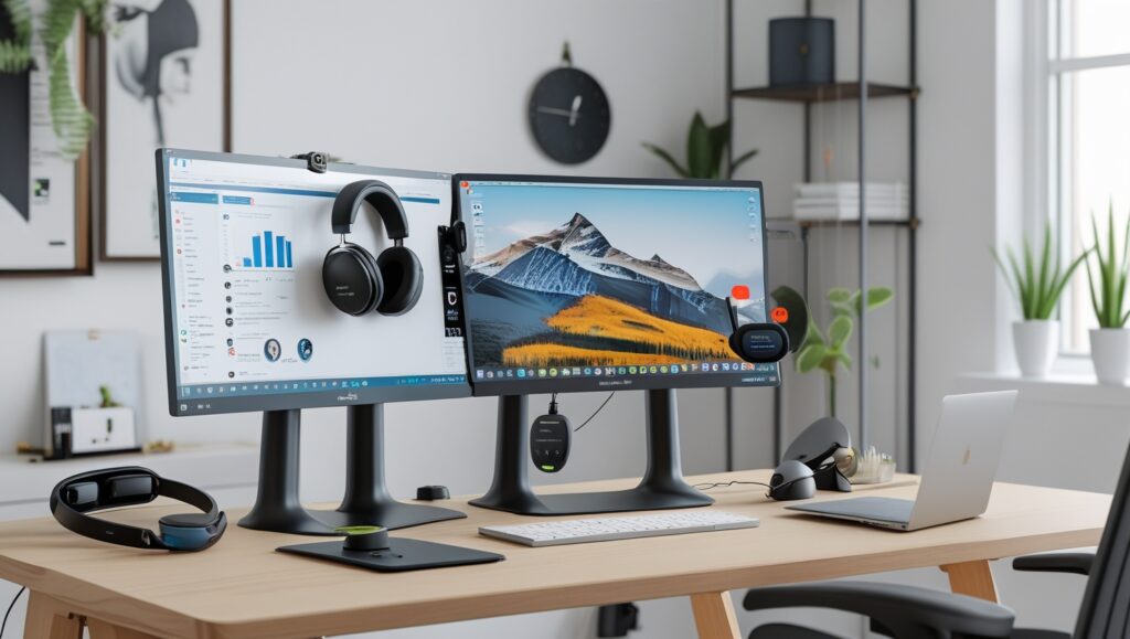 Desk setup with portable monitors and smart productivity gadgets