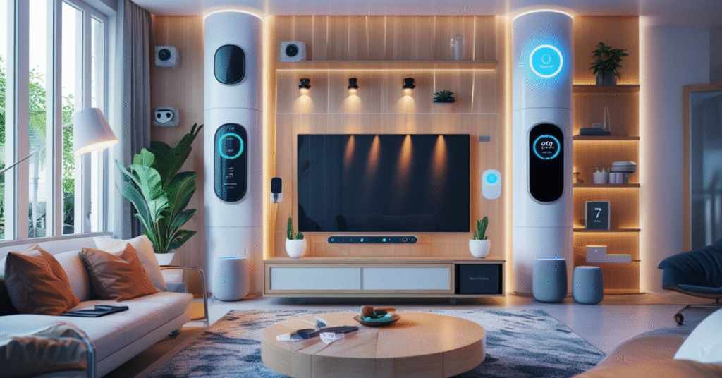 Modern smart home devices including speakers, lights, thermostat, and security camera
